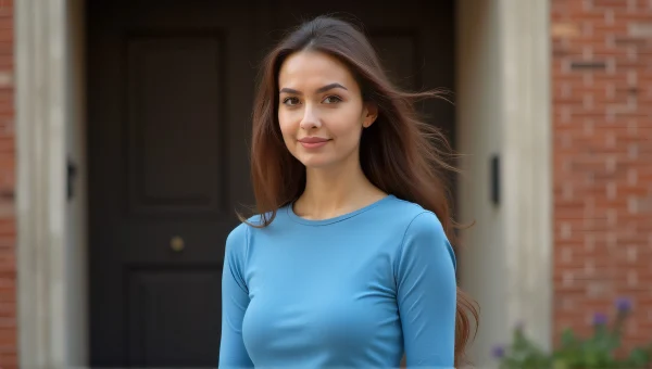 Woman Outdoor Blue Top Near Brick Entrance