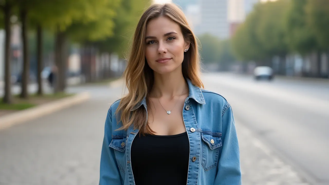 A woman stands outdoors in a black top and denim cardigan on cracked pavement.