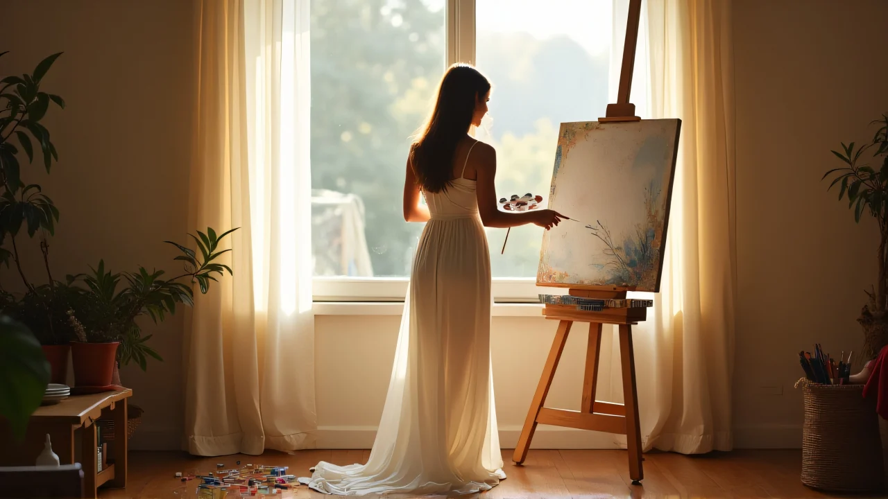 A woman in a white dress painting at an easel by a sunlit window with a palette in her hand.
