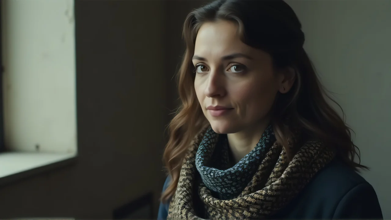 A woman with a patterned scarf poses in soft window light against an urban backdrop.