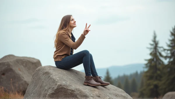 Woman Peace Sign Sitting On Boulder Outdoors