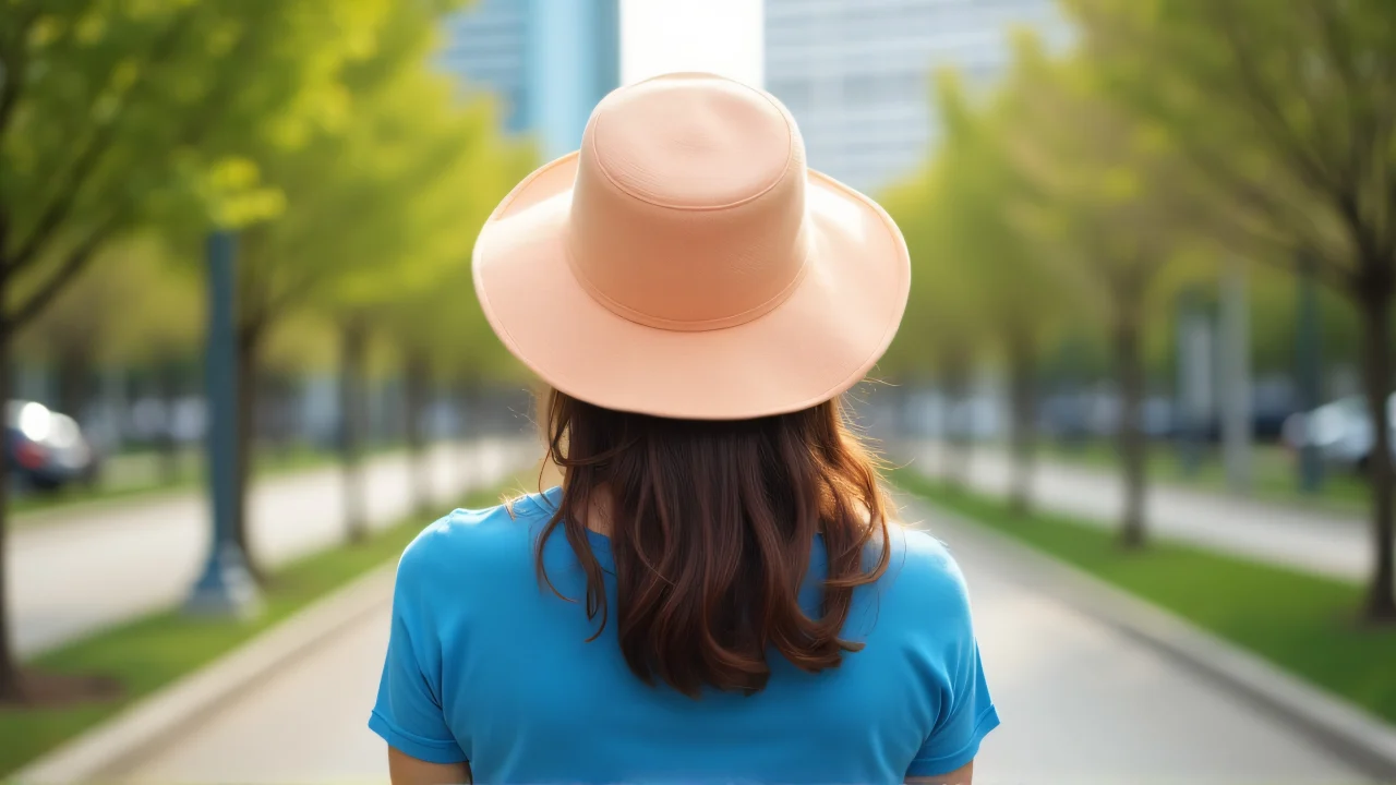 A woman wearing a peach sun hat and blue top enjoys a sunny day in an urban park.