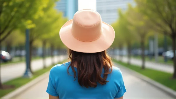 Woman In Peach Sun Hat At Urban Park