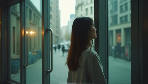 Woman Peering Through Glass Wall In Urban Setting