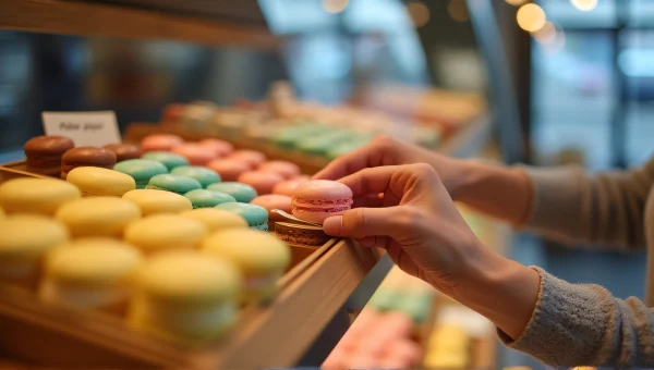 Woman Picking Colorful Macaroons In Bakery