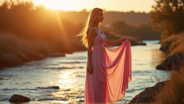 Woman in Pink Dress by Flowing Stream at Sunset
