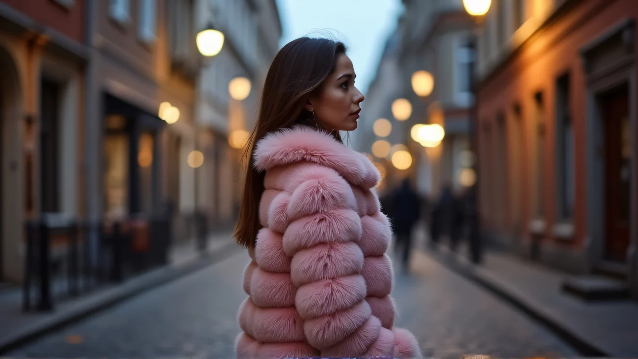 A woman in a pink fur coat stands on a cobblestone street at dusk, illuminated by soft light.