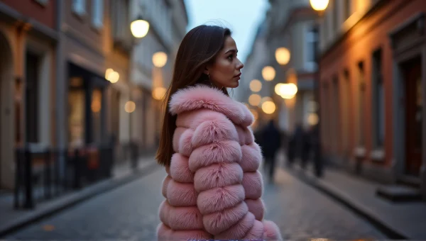 Woman In Pink Fur Coat On Cobblestone Street