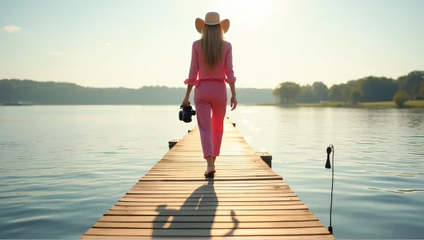 Woman in Pink Outfit Walking Dock with Camera