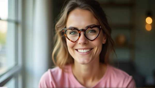 Woman in Pink Shirt with Heart-Shaped Glasses