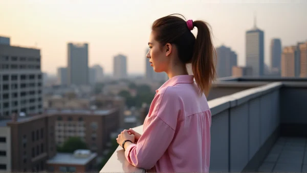 Woman in Pink Shirt on Rooftop with City Skyline