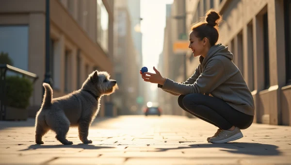 Woman Playing With Gray Dog On Urban Sidewalk