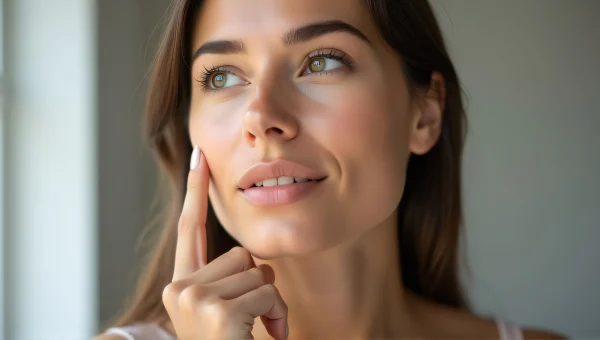 Woman Pointing to Cheek with Natural Expression