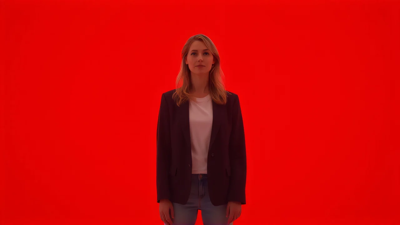 Full-body portrait of a woman in a neutral pose against a red background.