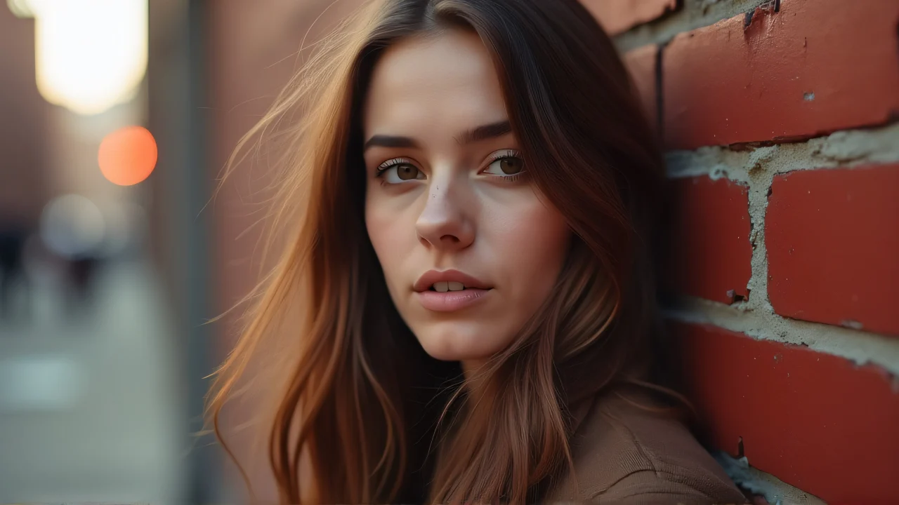 A woman stands by a weathered red brick wall with soft lighting and gentle breeze.