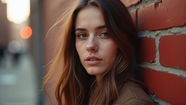 Woman Portrait Against Weathered Red Brick Wall