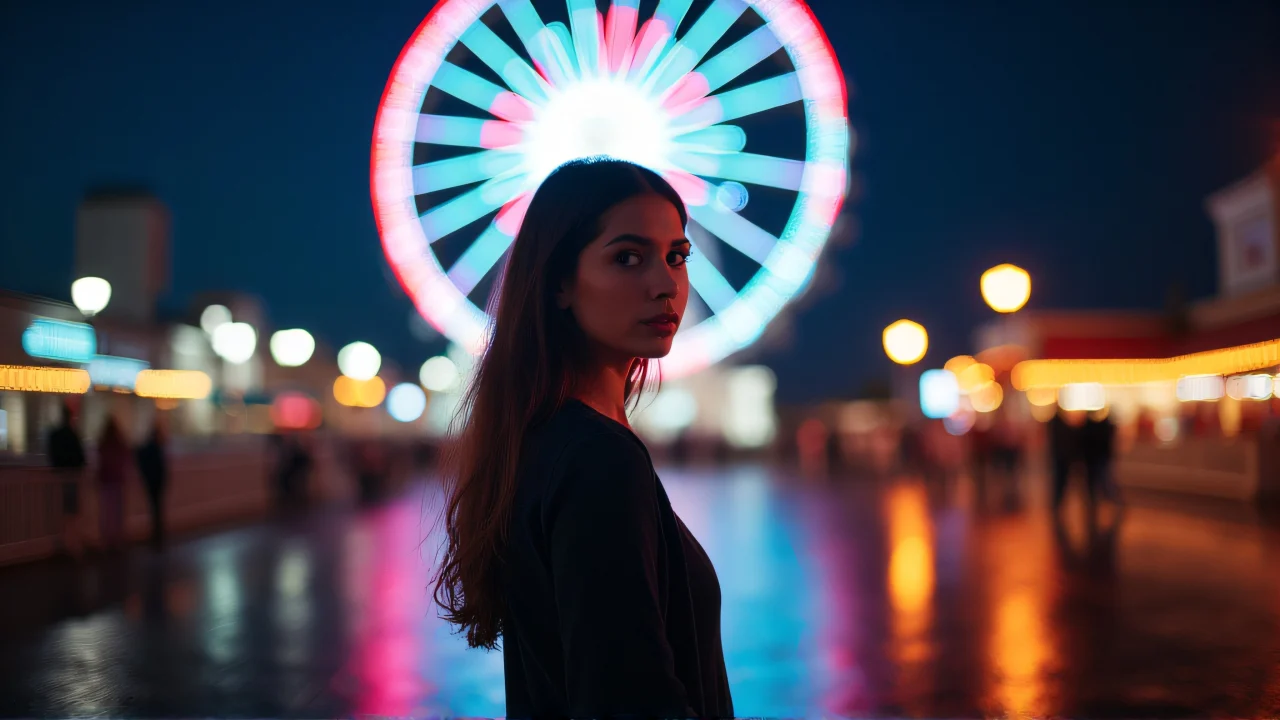 A woman stands in front of a brightly lit Ferris wheel at night, illuminated with neon reflections.