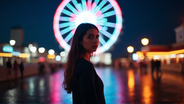 Woman Portrait At Night With Ferris Wheel Backdrop