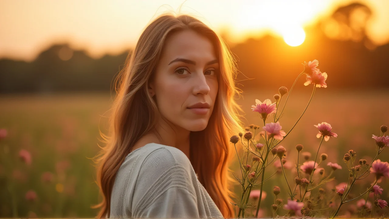 A woman stands near wildflowers in soft golden light during sunset.