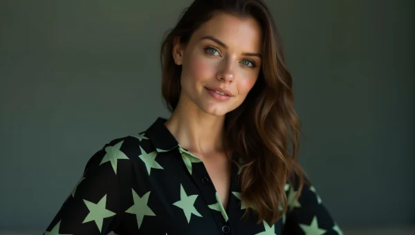 Woman Portrait Black Green Star-Print Shirt