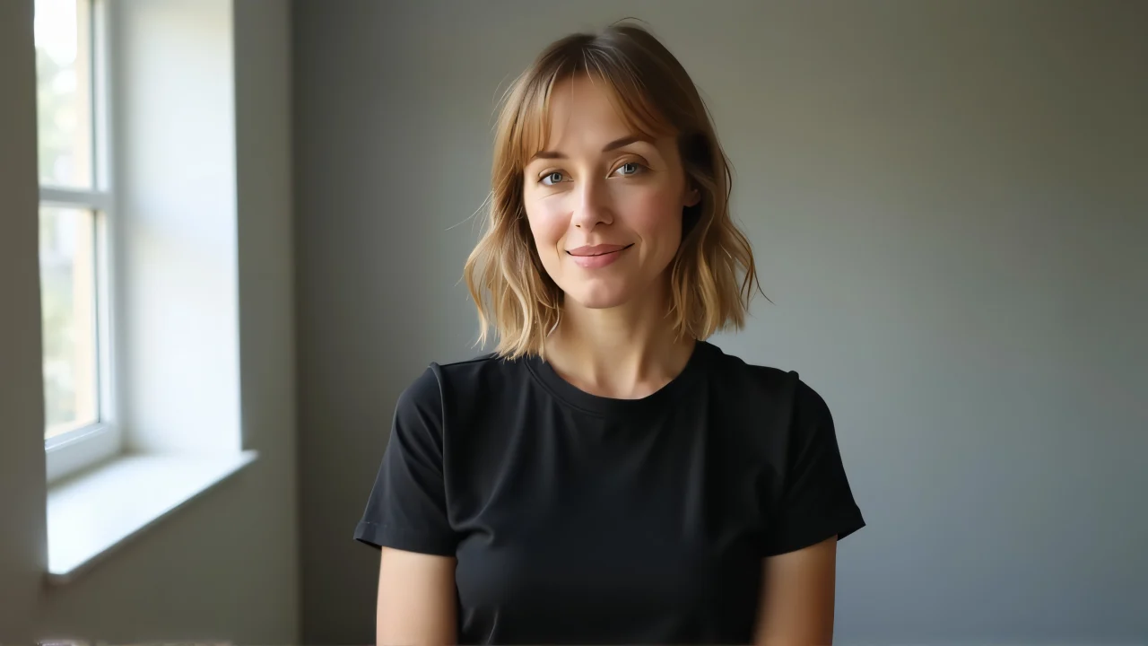 A woman in a black T-shirt poses naturally with a candid expression against a neutral backdrop.