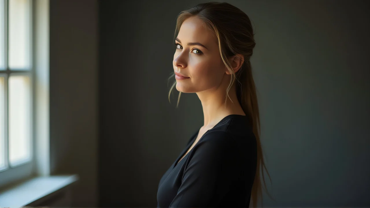A portrait of a woman in a black top, softly lit by window light.