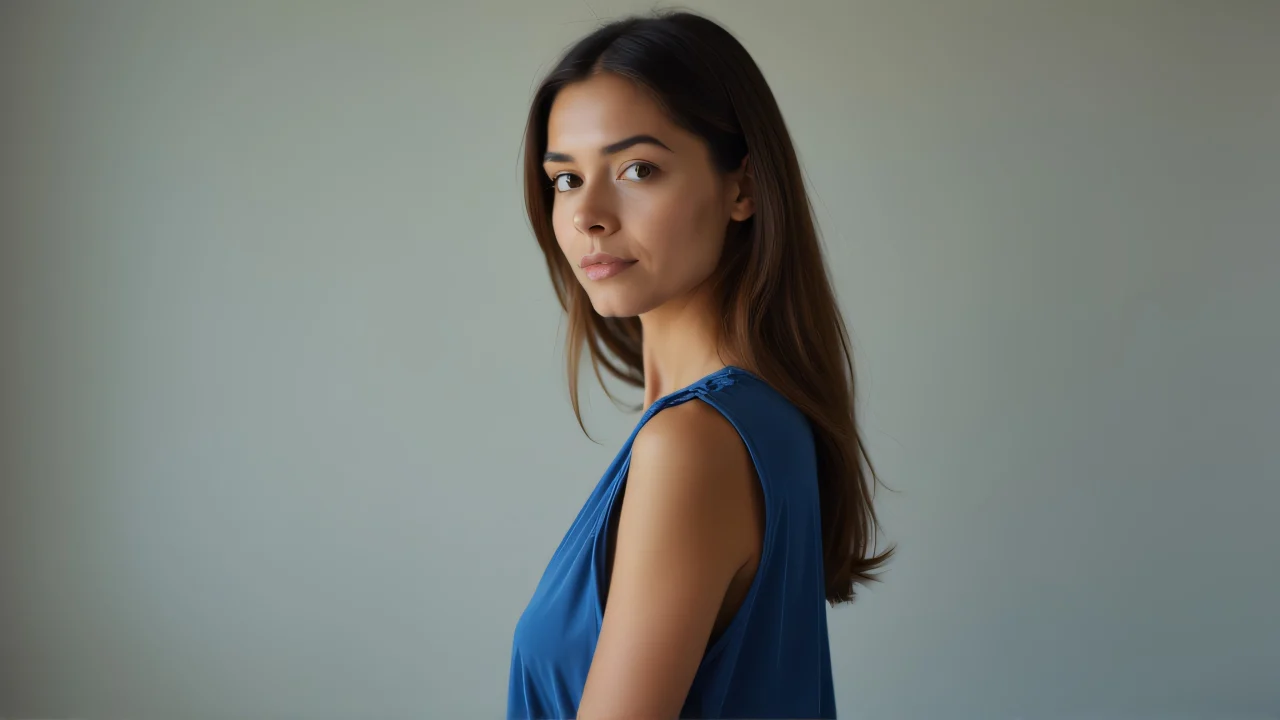 Portrait of a woman in a blue blouse, relaxed pose in studio light.