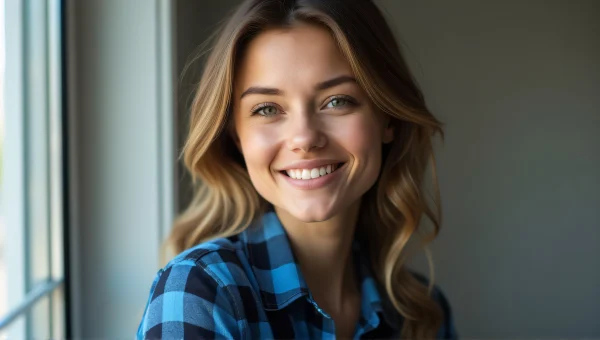 Woman Portrait in Blue Plaid Shirt Profile Light