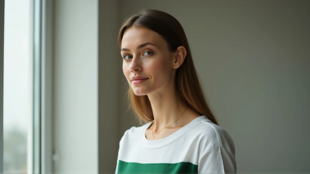 Portrait of a woman wearing a boat-neck shirt in soft window light.