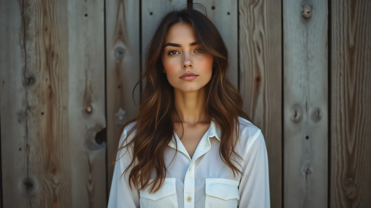 A woman stands before a weathered wooden fence in soft lighting.