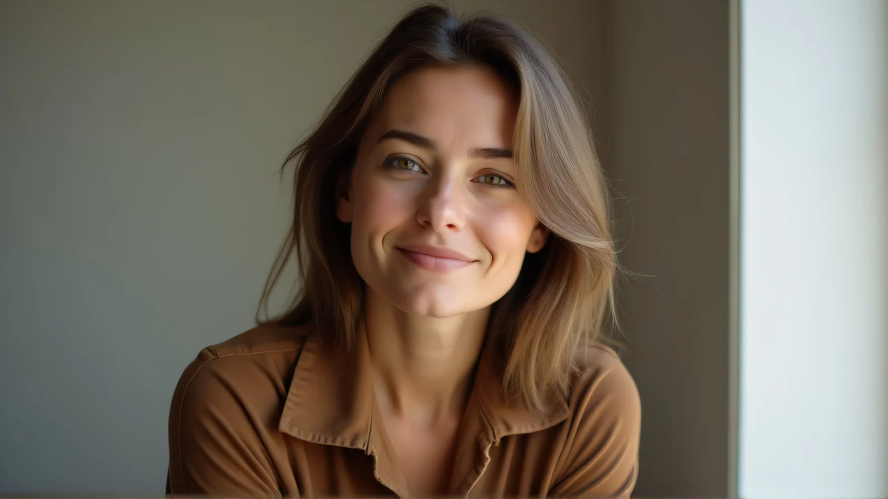 Close-up portrait of a woman in a brown shirt against a neutral backdrop.