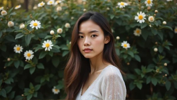 Woman Portrait In Flowering Hedge Background