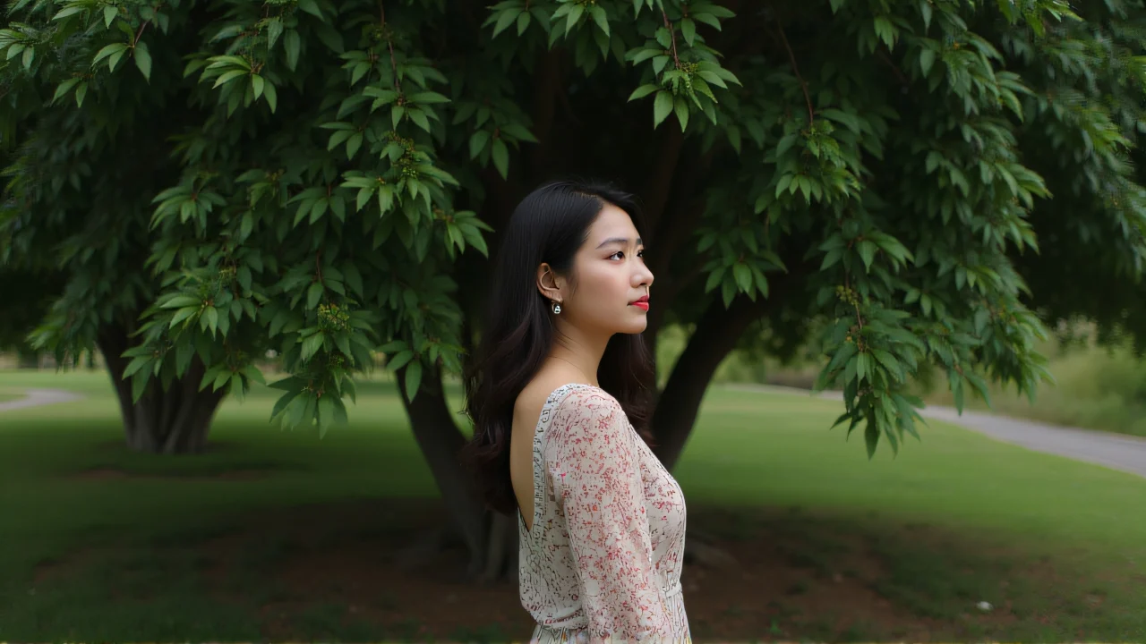 A woman stands in profile before a lush green tree, framed by natural light.