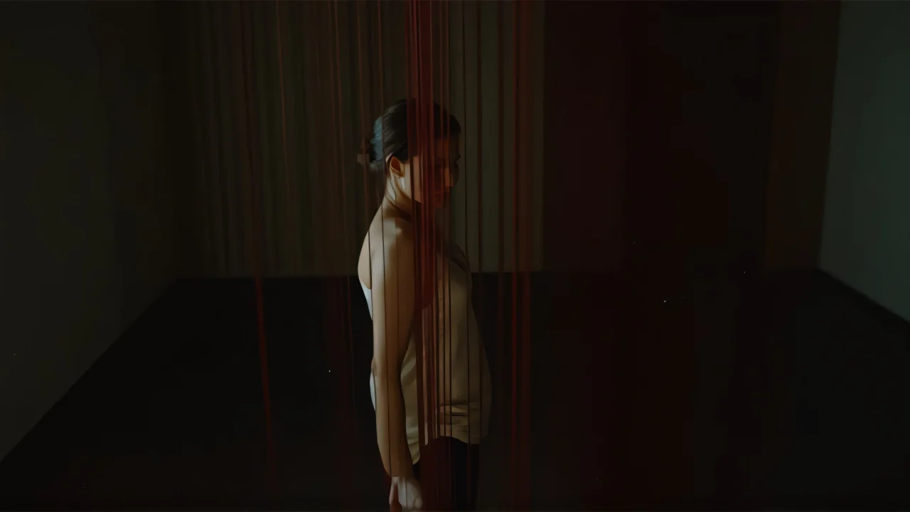 A woman stands beside taut red strings in a softly lit room, creating an artistic atmosphere.