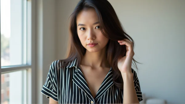Woman Portrait In Striped Shirt Holding Hair