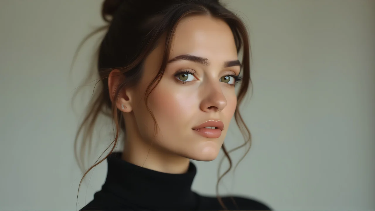 Waist-up portrait of a woman in a turtleneck top with soft lighting.