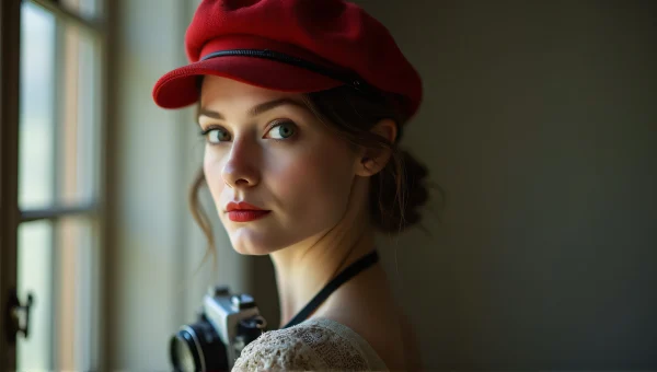 Woman Portrait With Vintage Camera In Bonnet