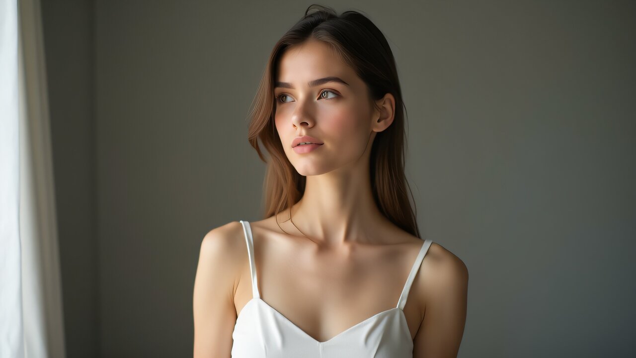 A woman wearing a white spaghetti-strap top poses naturally in soft window light, exuding calmness and grace.