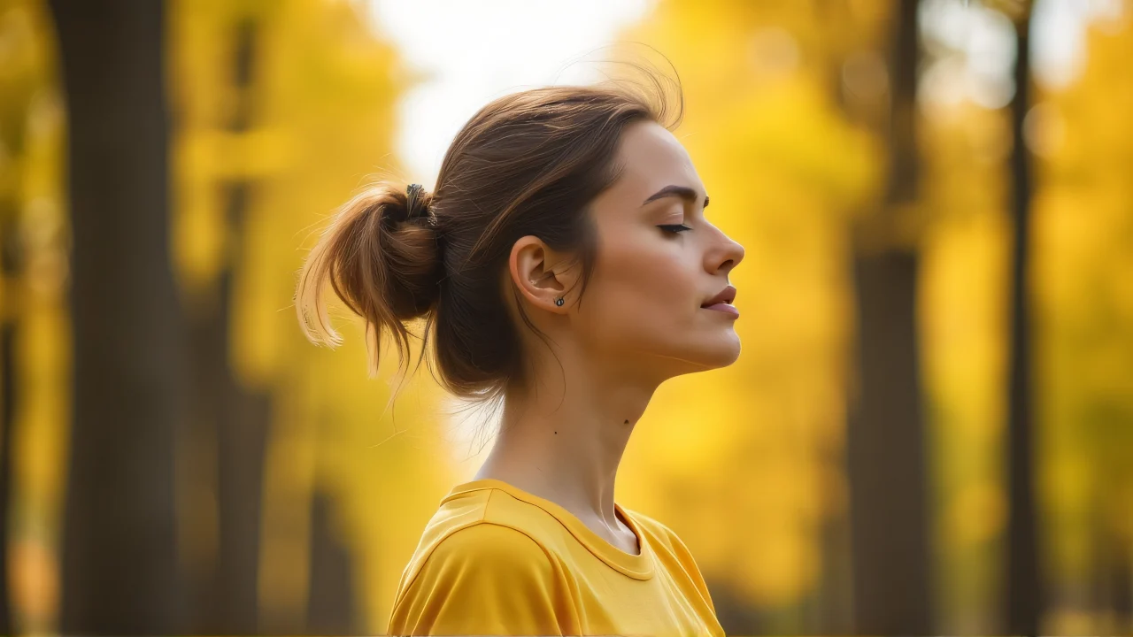 Profile view of a woman in a yellow shirt surrounded by sunlit trees, eyes closed, enjoying tranquility.