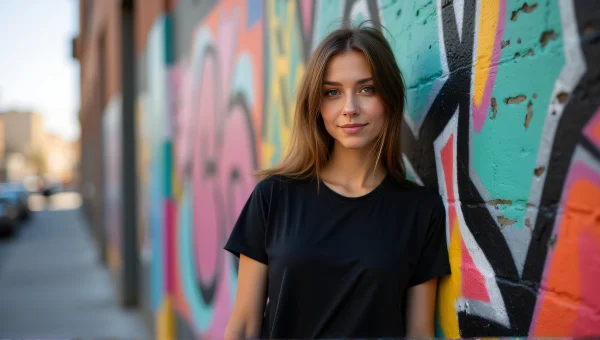 Woman Posing in Black T-Shirt Against Graffiti Wall