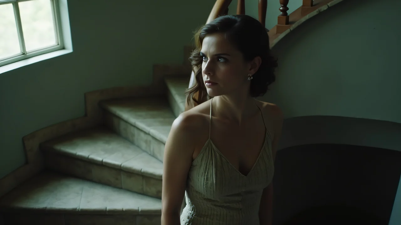 A woman posed gracefully on a spiral staircase with soft window light illuminating her profile.