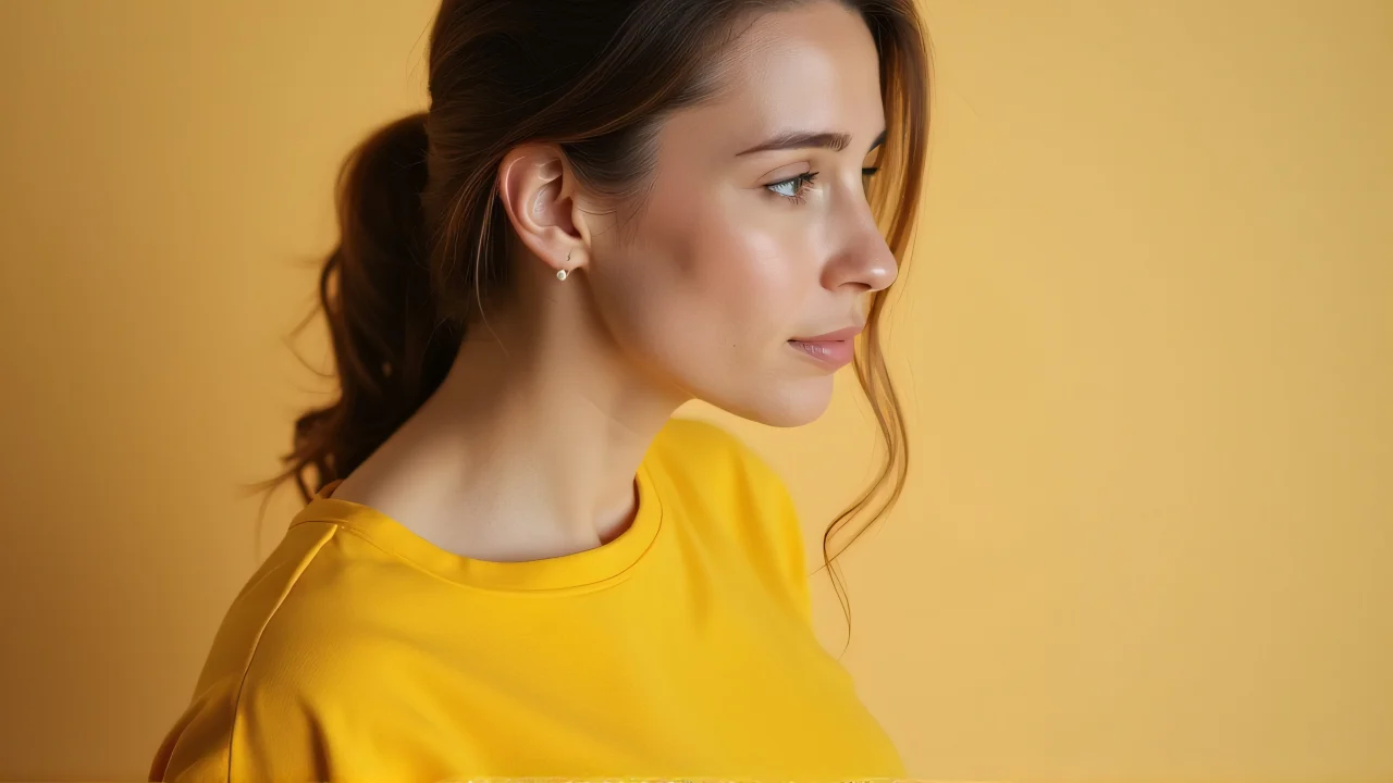 A woman poses in a yellow top against a neutral backdrop, showcasing her candid expression and vibrant style.