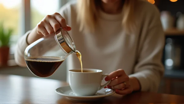 Woman Pouring Coffee From Pitcher Into Mug