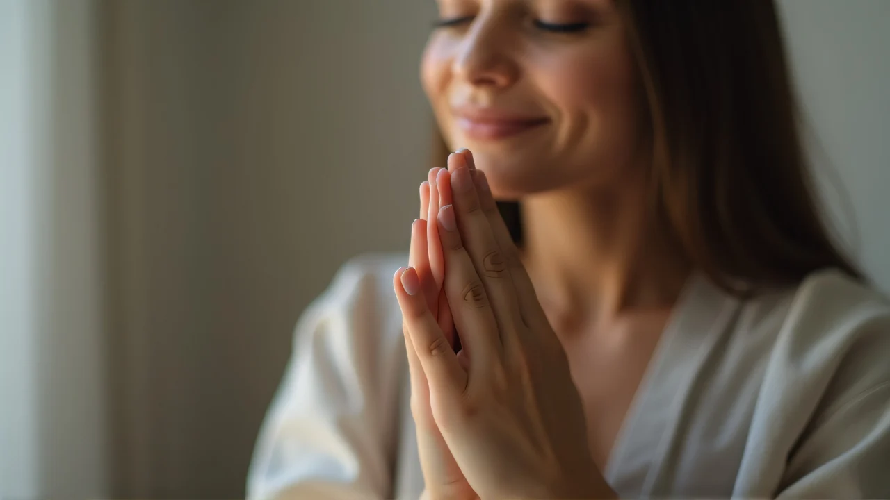 Close-up of a woman with interlaced fingers in prayer gesture.