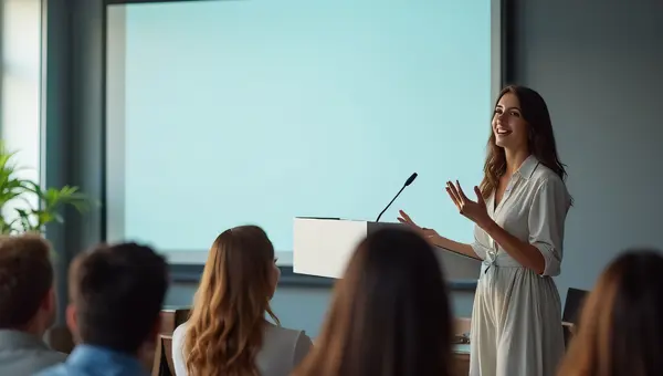 Woman Presenting At Modern Conference Room Podium