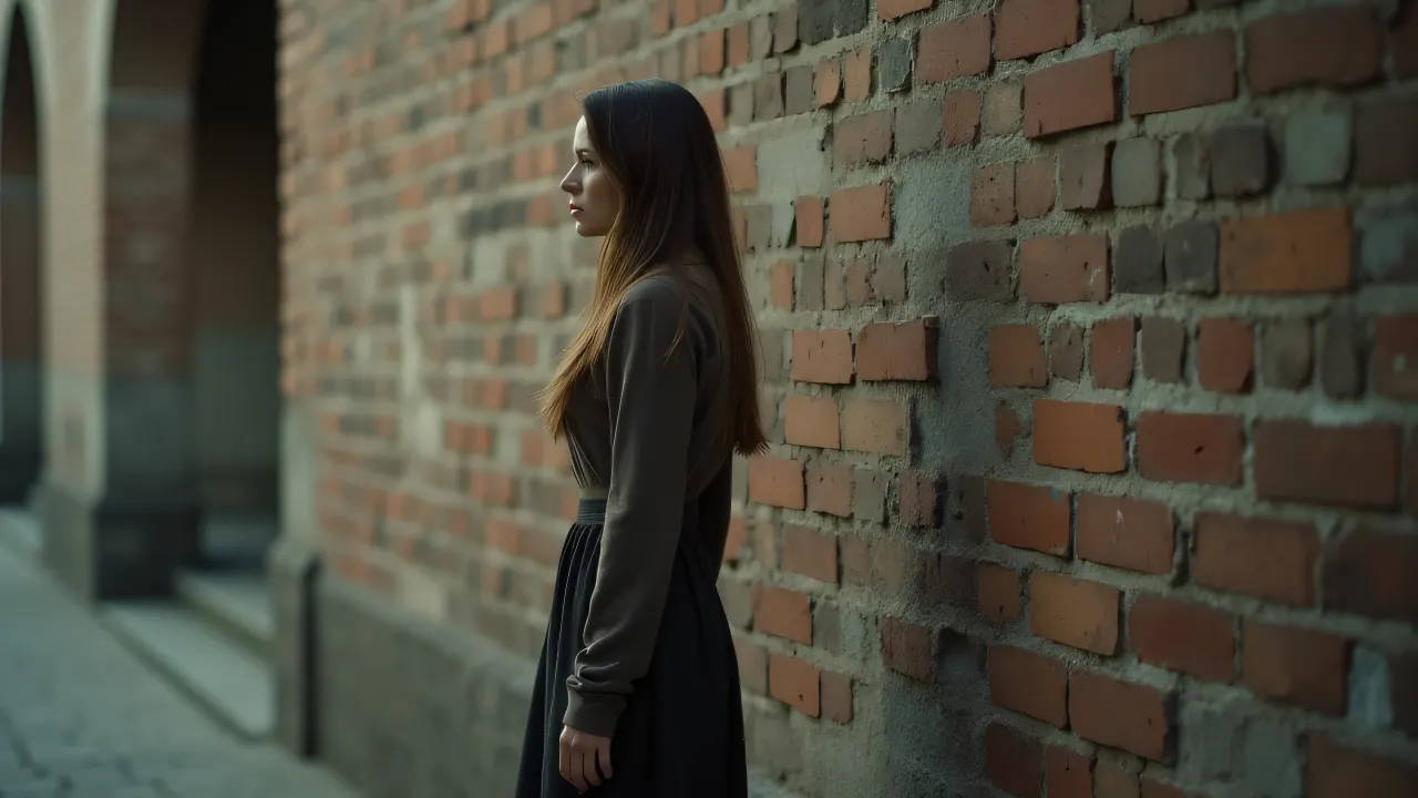 Full-length woman in profile standing relaxed beside a weathered brick wall.