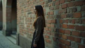 Woman in Profile Near Weathered Brick Wall