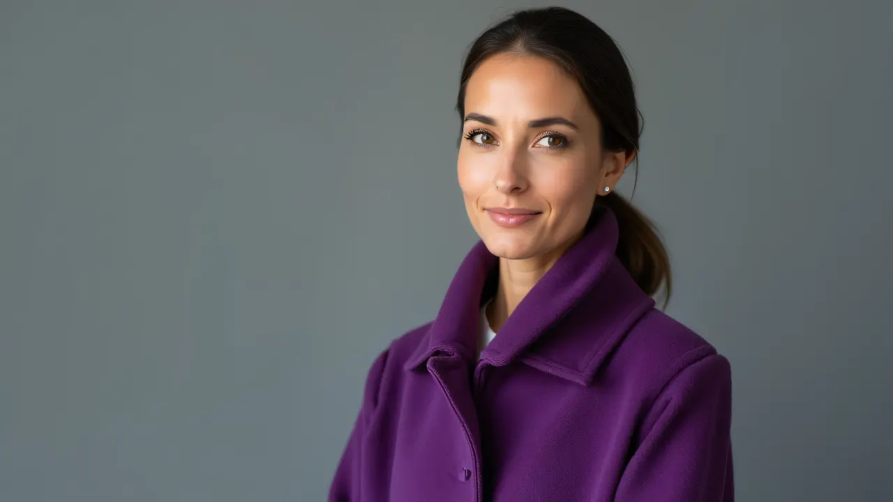 Portrait of a woman in a purple coat against a gray backdrop.