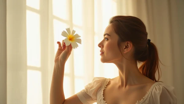 Woman Raising White Flower In Soft Light