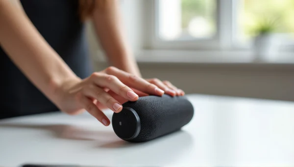 Woman Reaching For Bluetooth Speaker In Minimalist Room